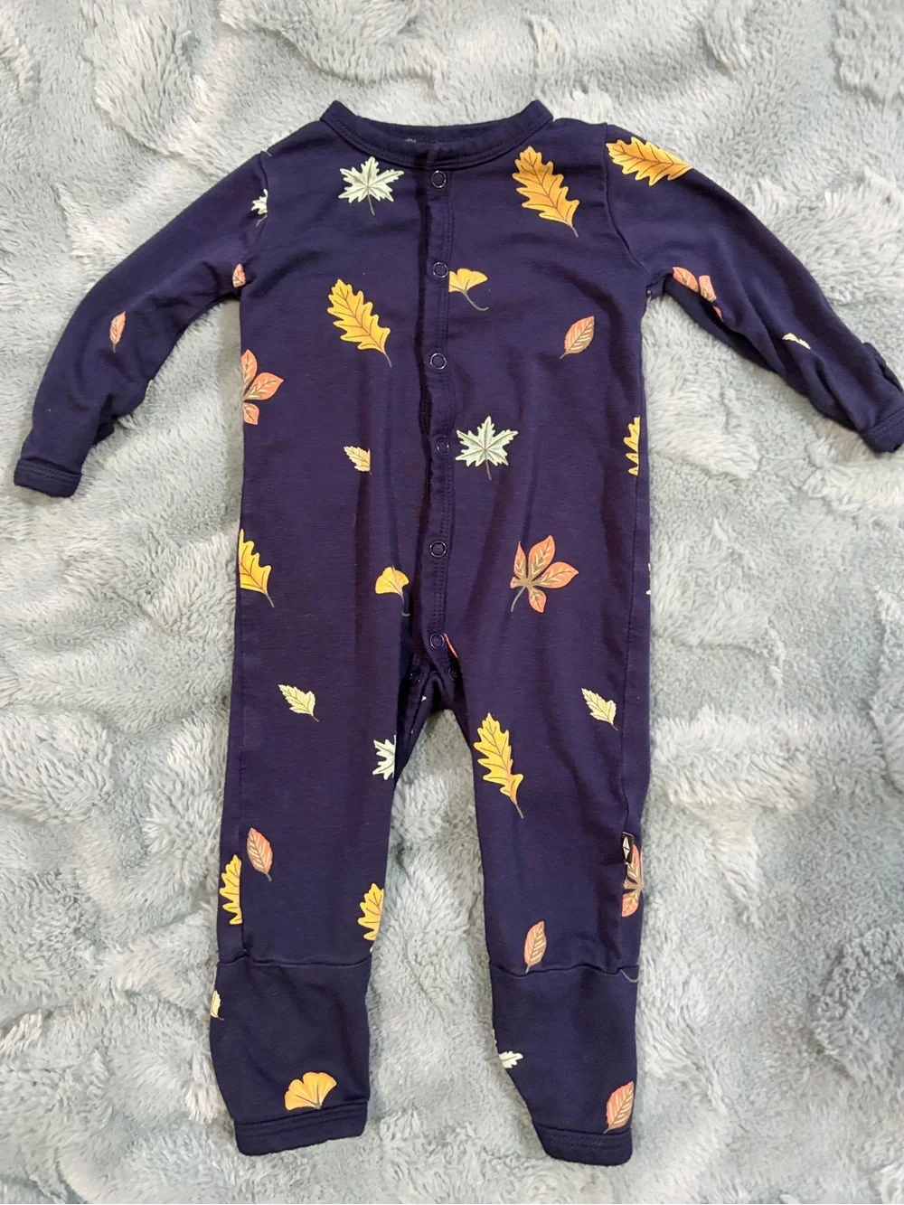 Kyte BABY Navy Footed One-Piece with Fall Leaf Print